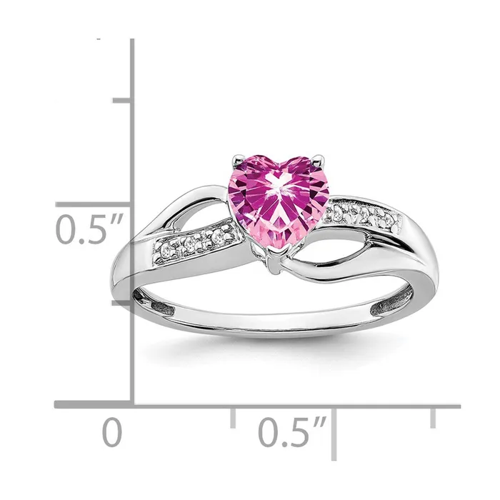 14k White Gold Created Pink Sapphire and Real Diamond Heart Ring Goldia Rings