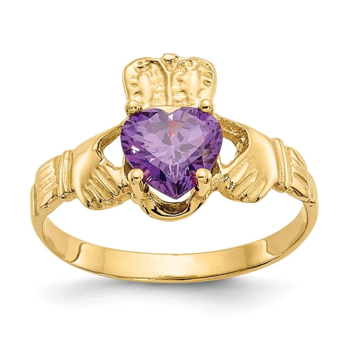 14K Yellow Gold February CZ Birthstone Claddagh Ring Goldia Rings