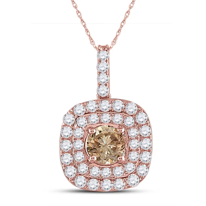 gndatlanta Necklaces 14k Rose Gold Round Brown Diamond Halo Solitaire Pendant 1 Cttw
