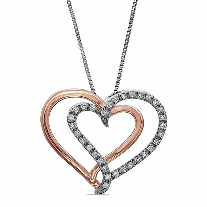 Necklaces Goldia 025 CT TW Natural Diamond CrissCross Heart Pendant in Sterling Silver and 14K Rose Gold Plate