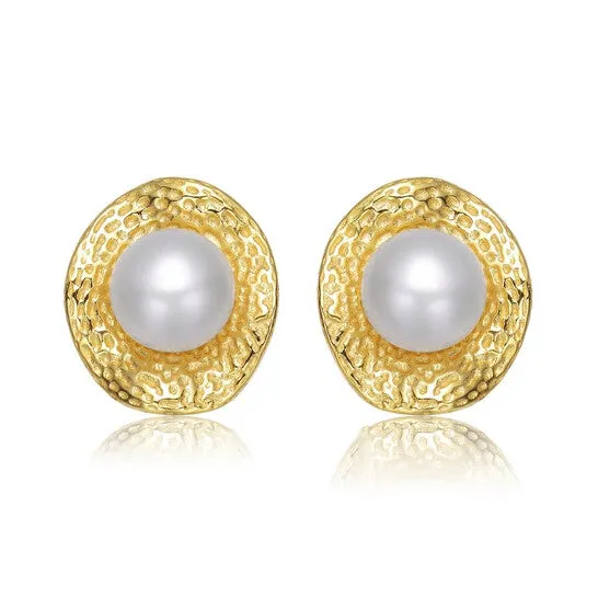 Original Megan Walford 925 Sterling Silver Gold Plated Freshwater Pearl Hammered Stud Earrings JMS always Earrings
