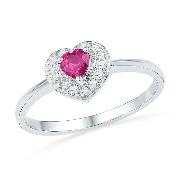 Rings 14k White Gold Round Created Pink Sapphire Heart Ring 110 Cttw gndatlanta