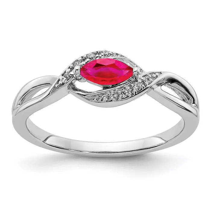 Solid 14k White Gold Simulated CZ and Marquise Ruby Ring Goldia Rings