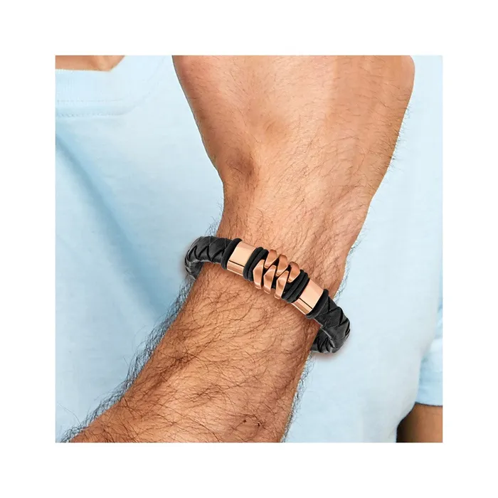 Chisel Stainless Steel Brushed Rose IPplated Black Woven Leather 8 inch Bracelet TreasureFineJewelers Bracelets