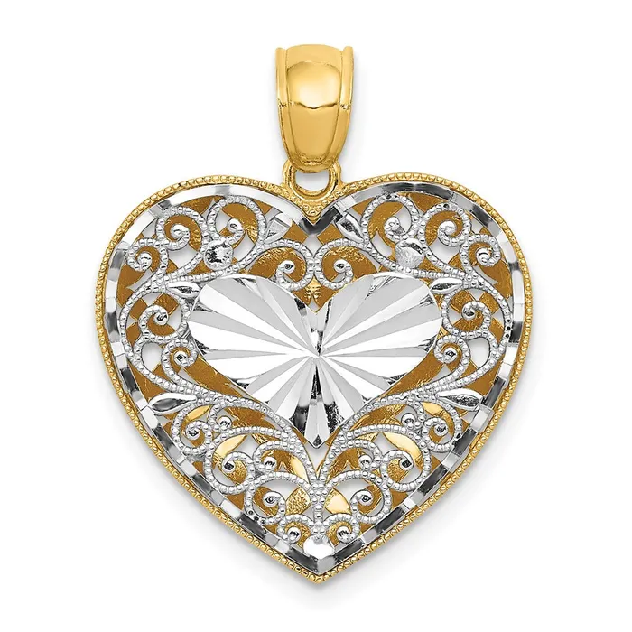 Rings TreasureFineJewelers 14K Twotone Polished Reversible Diamondcut Filigree Heart Pendant