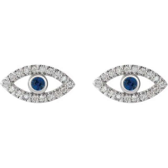 TreasureFineJewelers Earrings 14K White Gold Natural Blue Sapphire Natural White Gold Sapphire Evil Eye Earrings
