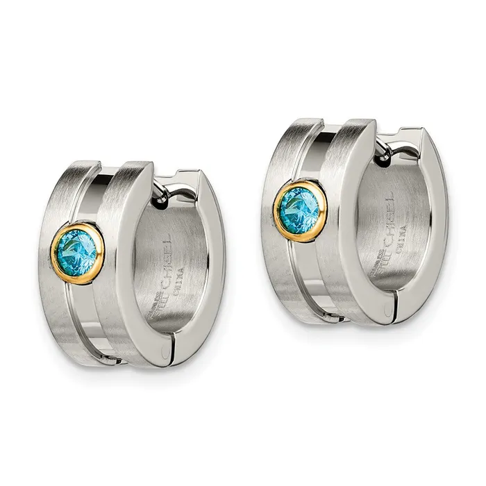 TreasureFineJewelers Earrings Stainless Steel BrushedPolished Yellow IP wBlue CZ Hinged Hoop Earrings