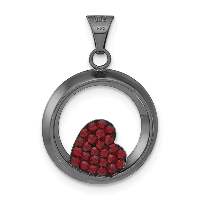 TreasureFineJewelers Necklaces Sterling Silver Black Ceramic Red Swarovski Crystal Heart Circle Pendant
