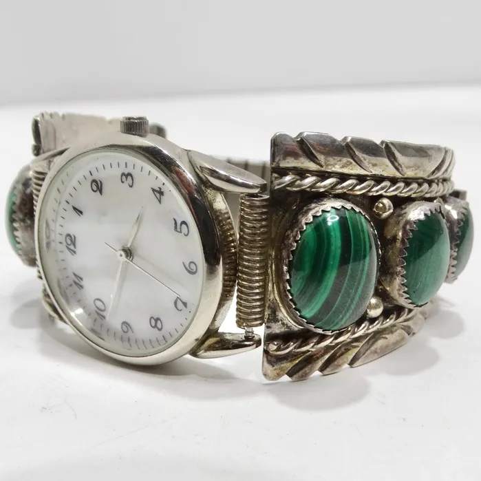 1970s Native American Silver Malachite Stone Watch Vintage by Misty Watches