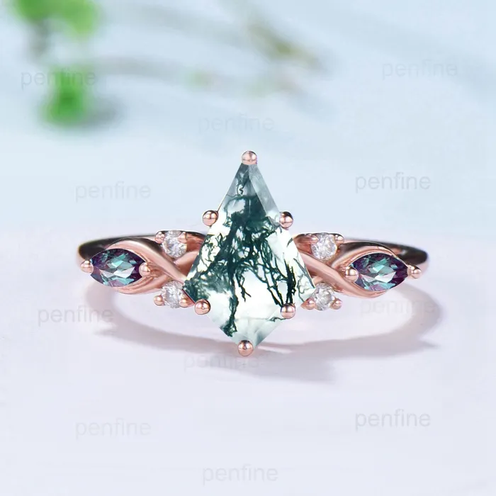 7X10mm Kite Moss Agate Engagement Ring Marquise Alexandrite Infinity Wedding Set Rose Gold Art Deco Leaf Nature Inspired Anniversary Gift PENFINE Rings