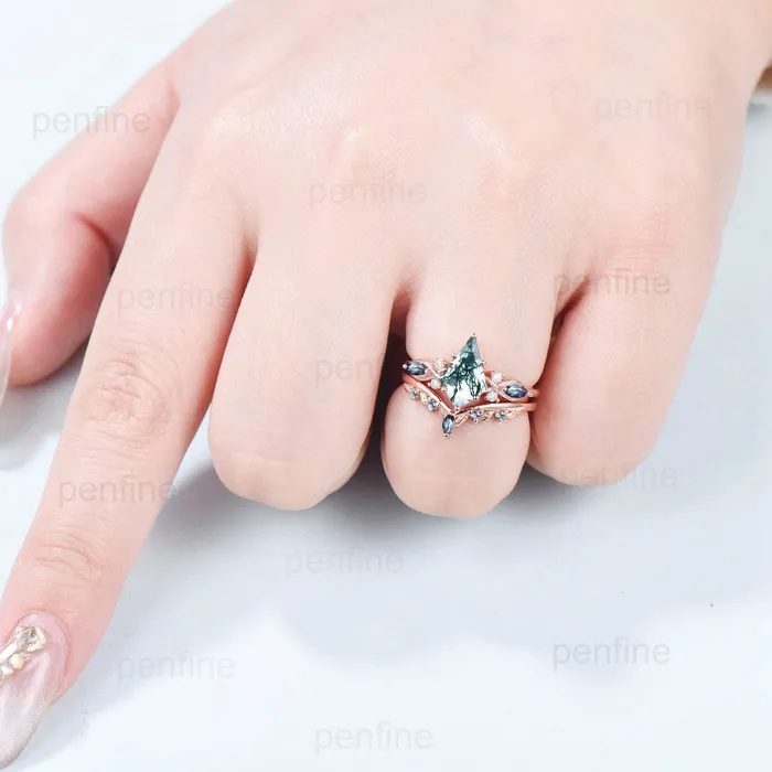 7X10mm Kite Moss Agate Engagement Ring Marquise Alexandrite Infinity Wedding Set Rose Gold Art Deco Leaf Nature Inspired Anniversary Gift PENFINE Rings