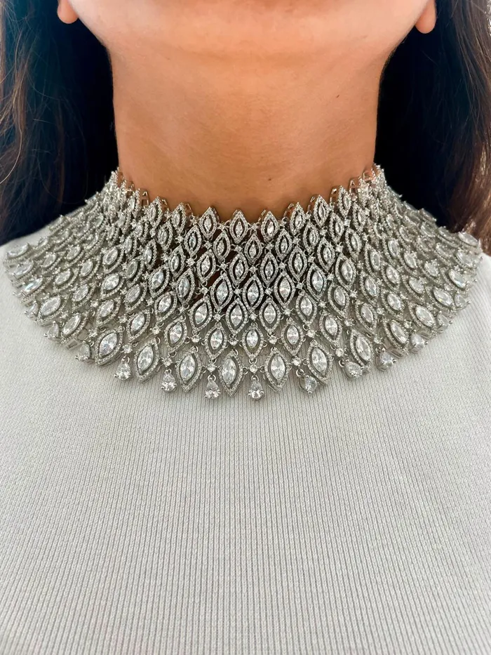 Double Elliptical Dimonte Layered Necklace Set PRERTO ECOMMERCE PRIVATE LIMITED Necklaces