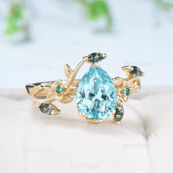 Elegant Pear lab Paraba Engagement Ring Nature Inspired Floral Ring Green Agate Wedding Ring Emerald Branch Leaf Vine Anniversary Ring Gift PENFINE Rings