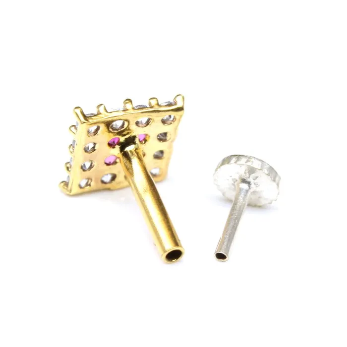 Karizma Jewels Rings Indian Square Nose ring Pink CZ studded gold plated Piercing Nose stud push pin