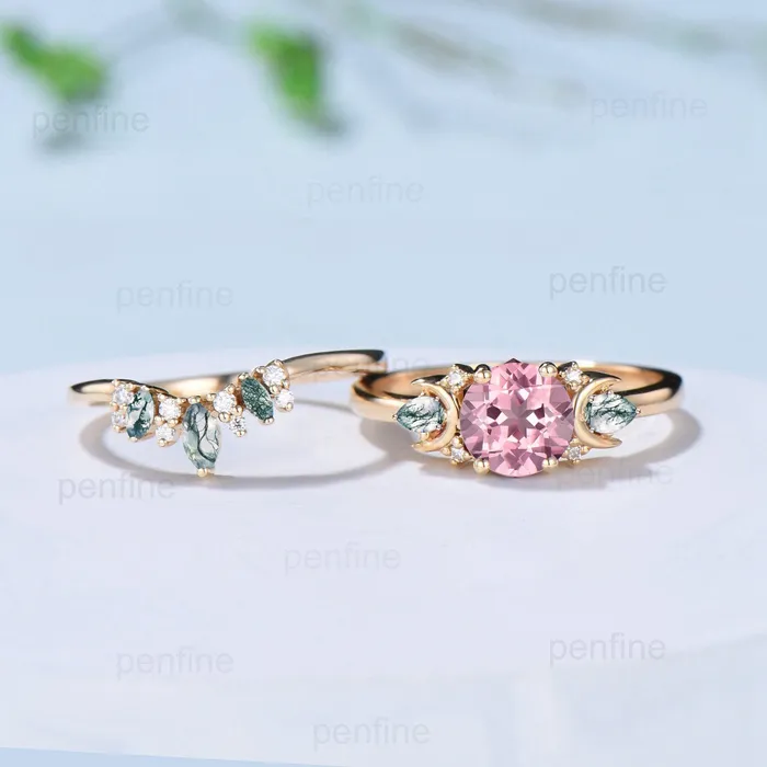 PENFINE 1Ct Round Papalacha Sapphire Engagement Ring Set Vintage Pear Marquise Moss Agate Wedding Ring Set Yellow Gold Stacking Matching Bridal Set Rings