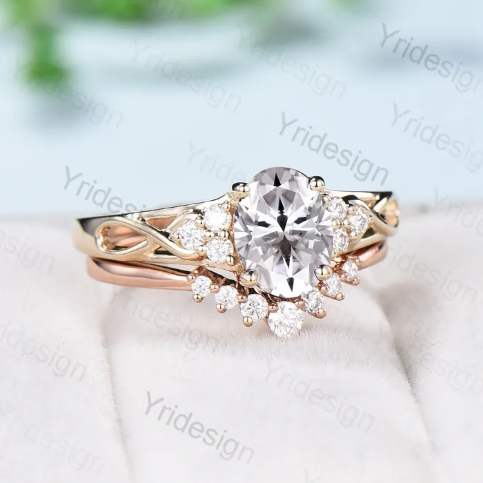 PENFINE Rings 15CT Oval Lab Grown Diamond Engagement Ring Set IGI Certificate Vintage Cluster Diamond Wedding Ring Set Lab Grown 18K Rose Gold Ring Set