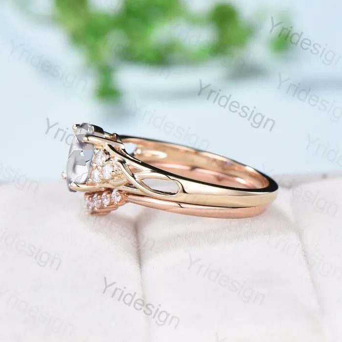 PENFINE Rings 15CT Oval Lab Grown Diamond Engagement Ring Set IGI Certificate Vintage Cluster Diamond Wedding Ring Set Lab Grown 18K Rose Gold Ring Set