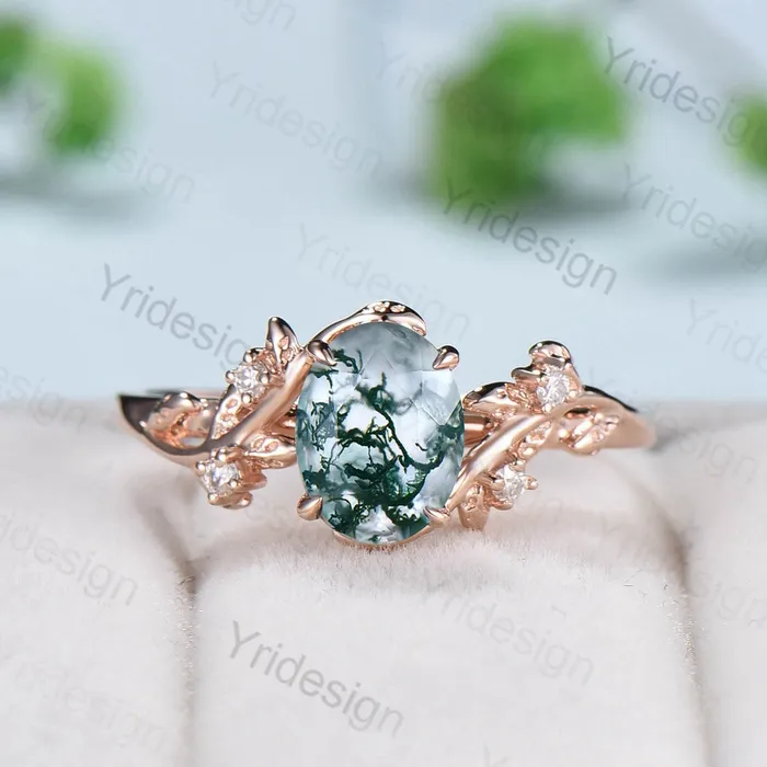PENFINE Rings 15CT Oval moss agate ring set cluster diamond nature inspired aquatic agate wedding ring set Vintage crystal engagement ring 14k rose gold