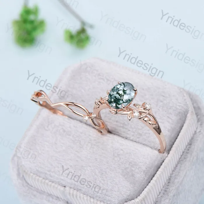 PENFINE Rings 15CT Oval moss agate ring set cluster diamond nature inspired aquatic agate wedding ring set Vintage crystal engagement ring 14k rose gold