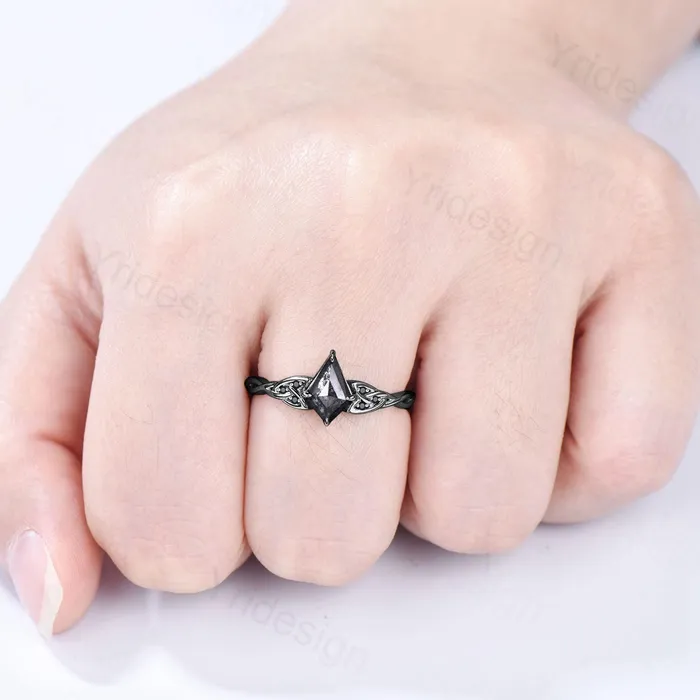 PENFINE Rings Black Gold Norse Viking Kite Cut Salt And Pepper Diamond Ring Celtic Love Pepper Black Diamond Engagement Ring Vintage Unique Twisted Ring