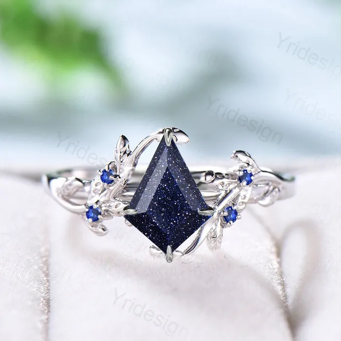 PENFINE Rings Nature Inspired Blue Sandstone Ring Kite Galaxy Star Twig Engagement Ring Leaf Branch Blue Gemstone Vintage Unique Wedding Ring for Women