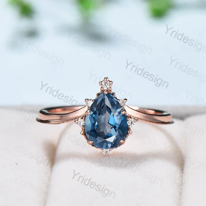 Rings PENFINE Vintage London blue topaz engagement ring set Teardrop Leaf rose gold wedding set unique flower plain gold stacking band Art deco bridal set