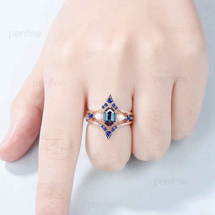 Rings Unique long hexagon alexandrite engagement ring set vintage triangle fire opal kite sapphire wedding ring set double curved v stacking band PENFINE
