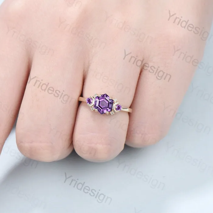 Vintage Amethyst Ring Unique Hexagon Amethyst Moon Engagement Ring women Art Deco February birthstone ring gift Purple Crystal Promise Ring PENFINE Rings Vintage Amethyst Ring Unique Hexagon Amethyst Moon Engagement Ring women Art Deco February birthstone ring gift Purple Crystal Promise Ring PENFINE Rings