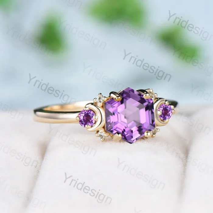 Vintage Amethyst Ring Unique Hexagon Amethyst Moon Engagement Ring women Art Deco February birthstone ring gift Purple Crystal Promise Ring PENFINE Rings Vintage Amethyst Ring Unique Hexagon Amethyst Moon Engagement Ring women Art Deco February birthstone ring gift Purple Crystal Promise Ring PENFINE Rings
