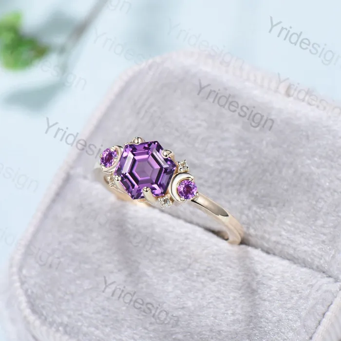 Vintage Amethyst Ring Unique Hexagon Amethyst Moon Engagement Ring women Art Deco February birthstone ring gift Purple Crystal Promise Ring PENFINE Rings Vintage Amethyst Ring Unique Hexagon Amethyst Moon Engagement Ring women Art Deco February birthstone ring gift Purple Crystal Promise Ring PENFINE Rings