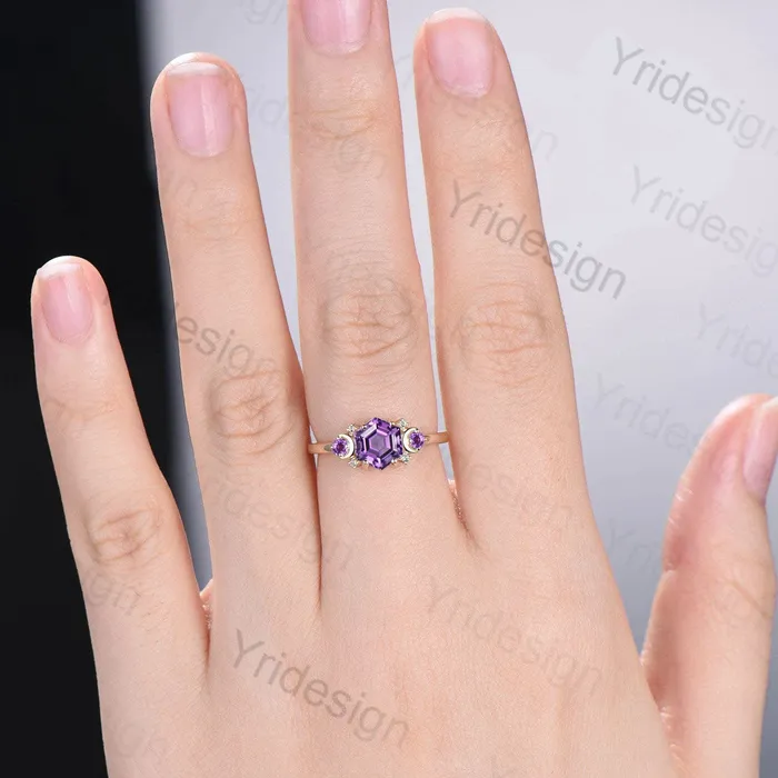 Vintage Amethyst Ring Unique Hexagon Amethyst Moon Engagement Ring women Art Deco February birthstone ring gift Purple Crystal Promise Ring PENFINE Rings Vintage Amethyst Ring Unique Hexagon Amethyst Moon Engagement Ring women Art Deco February birthstone ring gift Purple Crystal Promise Ring PENFINE Rings