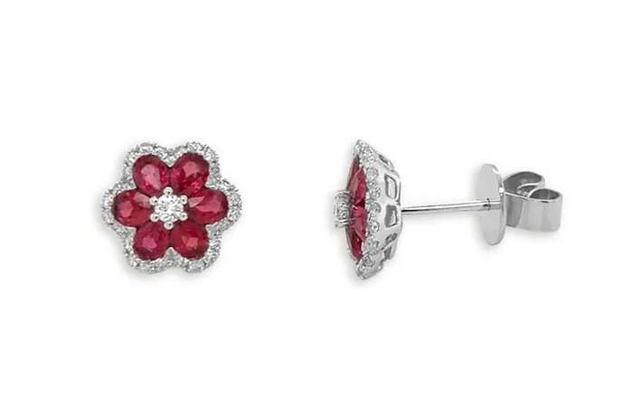 Earrings 18kt Gold Flowers with Rubies Diamonds Studs Albert Hern Earrings
