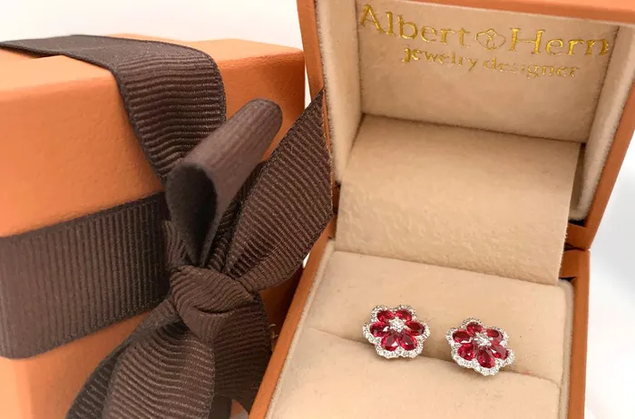 Earrings 18kt Gold Flowers with Rubies Diamonds Studs Albert Hern Earrings