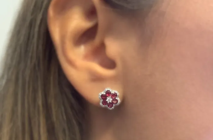 Earrings 18kt Gold Flowers with Rubies Diamonds Studs Albert Hern Earrings