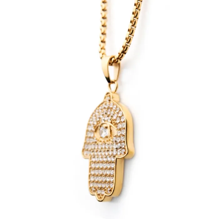 PreStyled Sets 18K Gold Ion Plated Stainless Steel Prong Set Clear AAA CZ Hamsa Pendant with Chain INOX JEWELRY