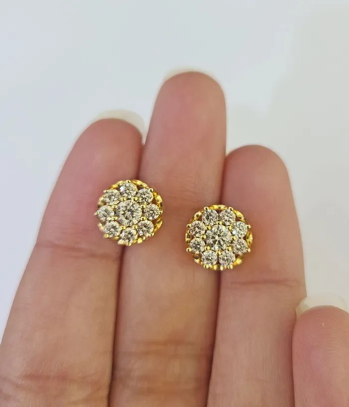 10k Diamond Flower Earrings Yellow gold Real screwback Women Men Studs Gold and Diamond Earrings
