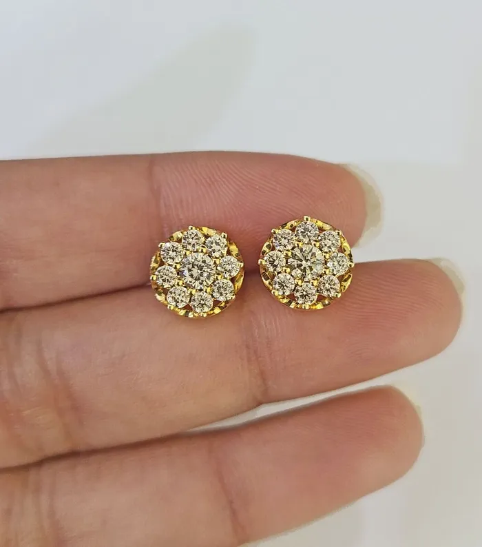 10k Diamond Flower Earrings Yellow gold Real screwback Women Men Studs Gold and Diamond Earrings