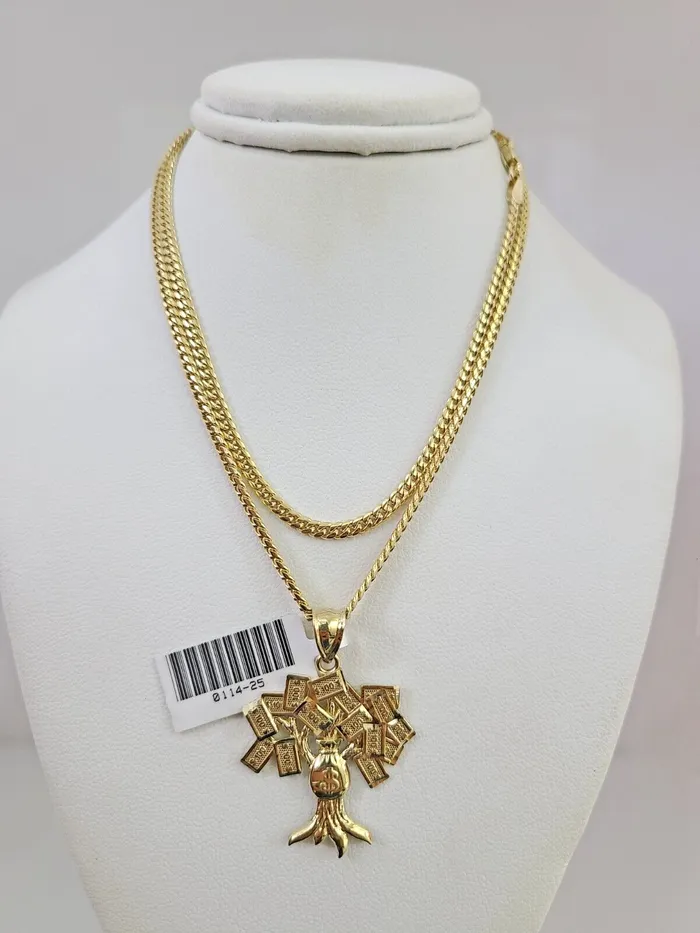 10K Solid Gold Miami Cuban Chain Money Tree Pendant Charm 1826 25mm SET Gold and Diamond Necklaces
