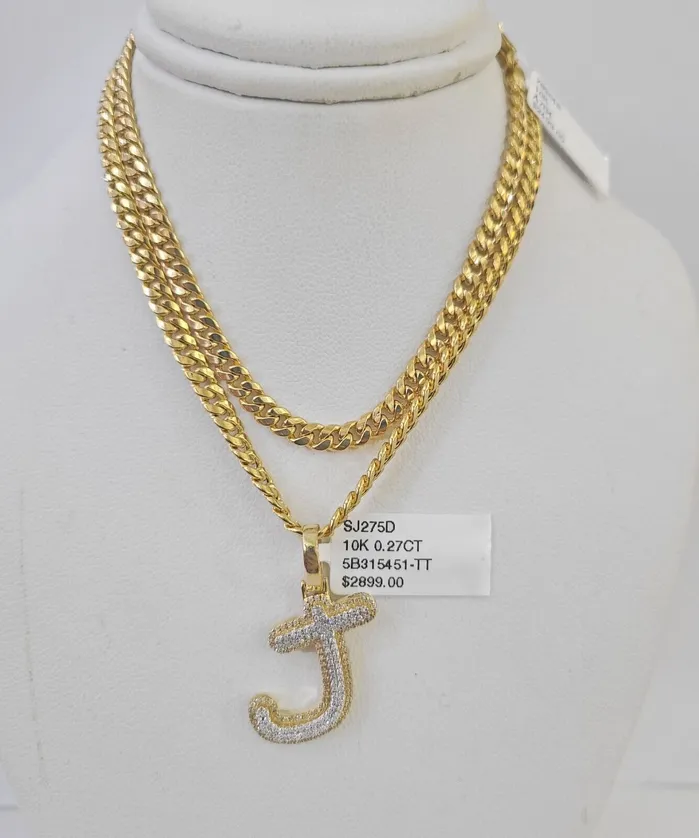 Globalwatches10 Necklaces 10k Miami Cuban Chain J Diamond Charm Set 4mm 1826Yellow Gold Necklace Pendant
