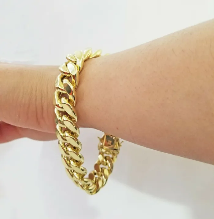 Gold and Diamond Bracelets 10K Real Yellow Gold Miami Cuban Bracelet 9 Inch 15mmbox lock thick hand chain