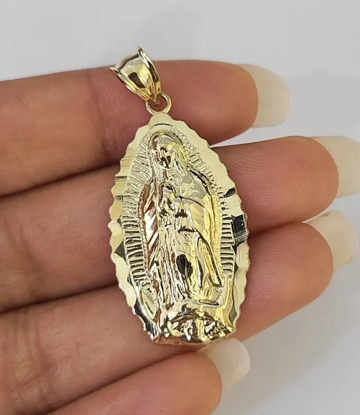 Real 10K Virgin Mary Pendent Charm 10kt Yellow Gold 15 Oval Holy Mother Gold and Diamond Charm Necklaces
