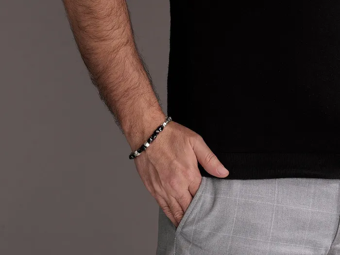 Bracelets GG SILVER NEW GURHAN Mens Sterling Silver Onyx Beaded SingleStrand Bracelet Faceted Cubes Bracelets GG SILVER NEW GURHAN Mens Sterling Silver Onyx Beaded SingleStrand Bracelet Faceted Cubes