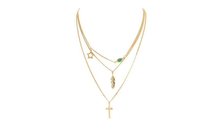 sparklingselections Necklaces GoldColor Fatima Hand 3 Layer Chain Bar Necklace sparklingselections Necklaces GoldColor Fatima Hand 3 Layer Chain Bar Necklace