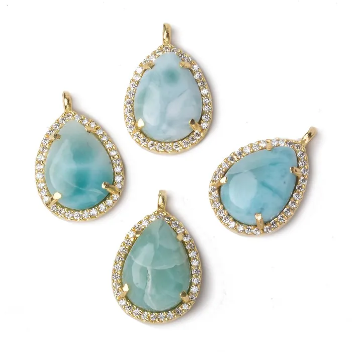 Beadsofcambaycom Necklaces 17x135mm Gold Bezel White CZ and Larimar Pear Pendant 1 focal piece Beadsofcambaycom Necklaces 17x135mm Gold Bezel White CZ and Larimar Pear Pendant 1 focal piece