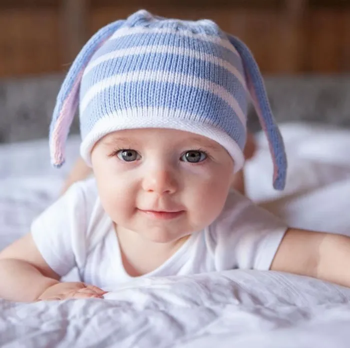 Handmade Knit Striped white Blue Baby Toddler Bunny Ear Hat Fair Trade Melange Collection Earrings